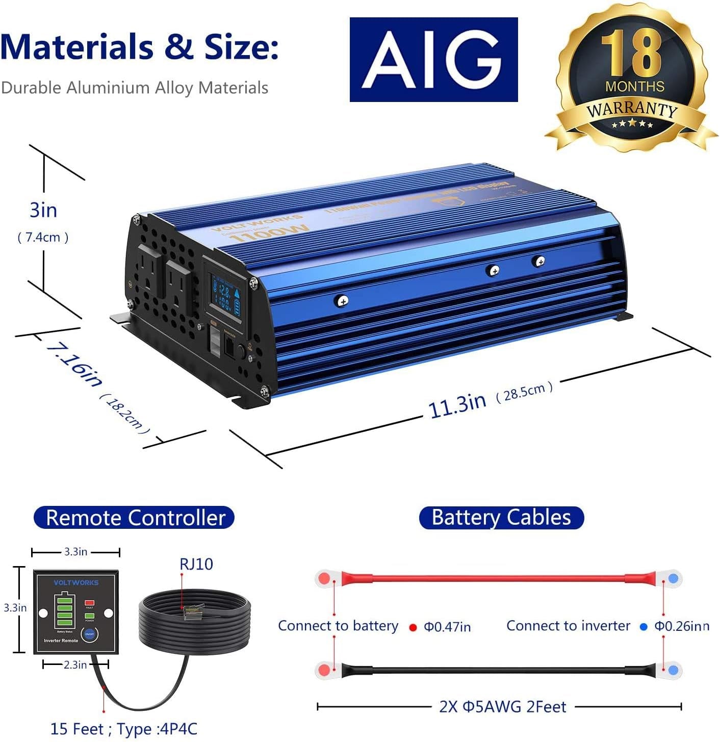 Power Inverter 1100 Watt 12V DC to 110V 120V AC 1000W Inverter with LCD Display Remote Control 2AC Outlets Dual 2.4A USB Ports Compatible with Lithium Battery for Car RV Truck Boat by