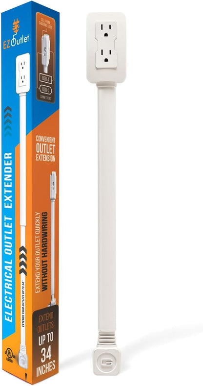 Electrical Outlet Extender. Access Hard-To-Reach Outlets! Features USB-A, USB-C, and 2 AC Outlets, Extends 22"-34", Rotates 180°. Use behind Couches, Nightstands, Desks, and More.