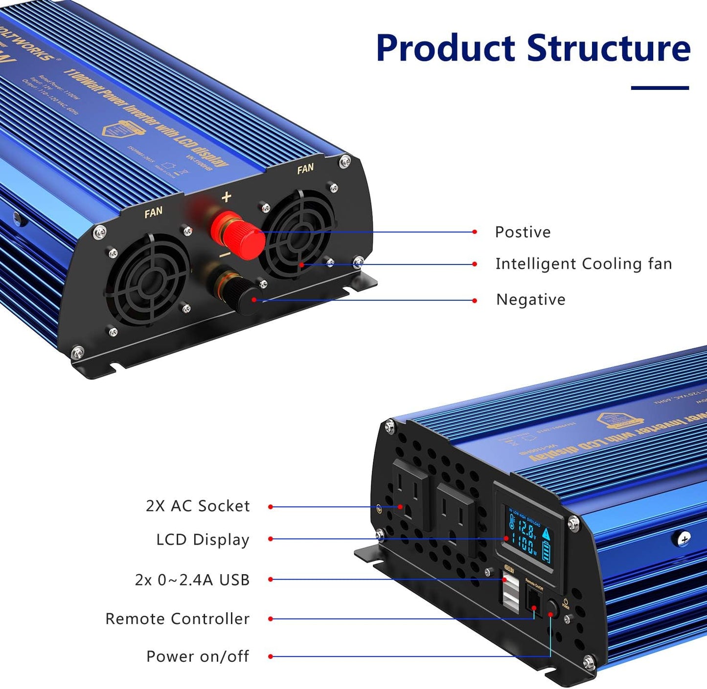 Power Inverter 1100 Watt 12V DC to 110V 120V AC 1000W Inverter with LCD Display Remote Control 2AC Outlets Dual 2.4A USB Ports Compatible with Lithium Battery for Car RV Truck Boat by