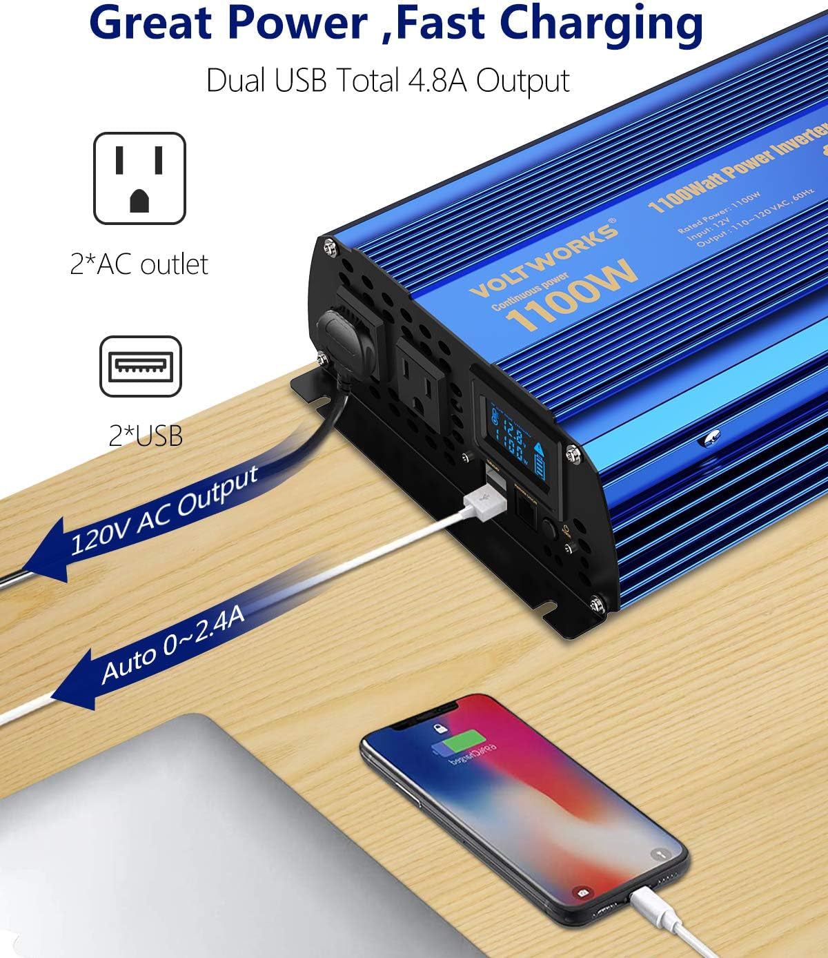 Power Inverter 1100 Watt 12V DC to 110V 120V AC 1000W Inverter with LCD Display Remote Control 2AC Outlets Dual 2.4A USB Ports Compatible with Lithium Battery for Car RV Truck Boat by